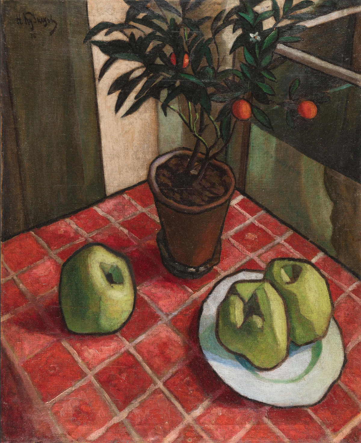 Николай Кузнецов. «Натюрморт с яблоками и апельсиновым деревом», 1916