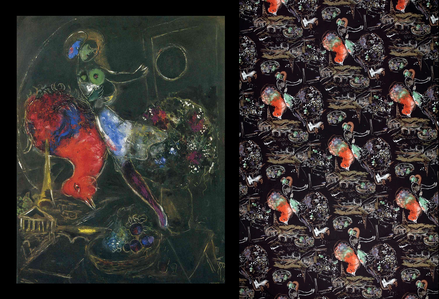 Картина Марка Шагала  «Ночь» (1953) и ткань «Les Amoureux» («Влюбленные») 1956 года по ее мотивам / проект «Modern Masters» / Fuller Fabrics