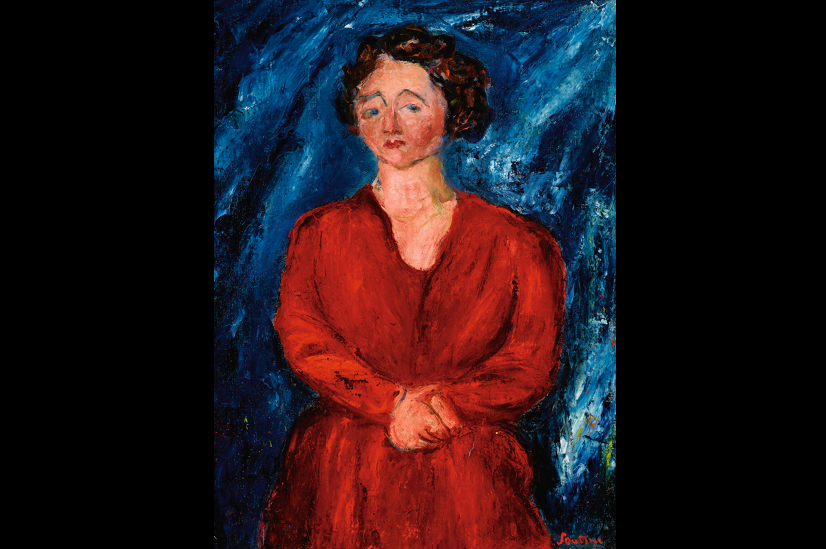 Хаим Сутин. Женщина в красном платье на синем фоне, ок. 1928
